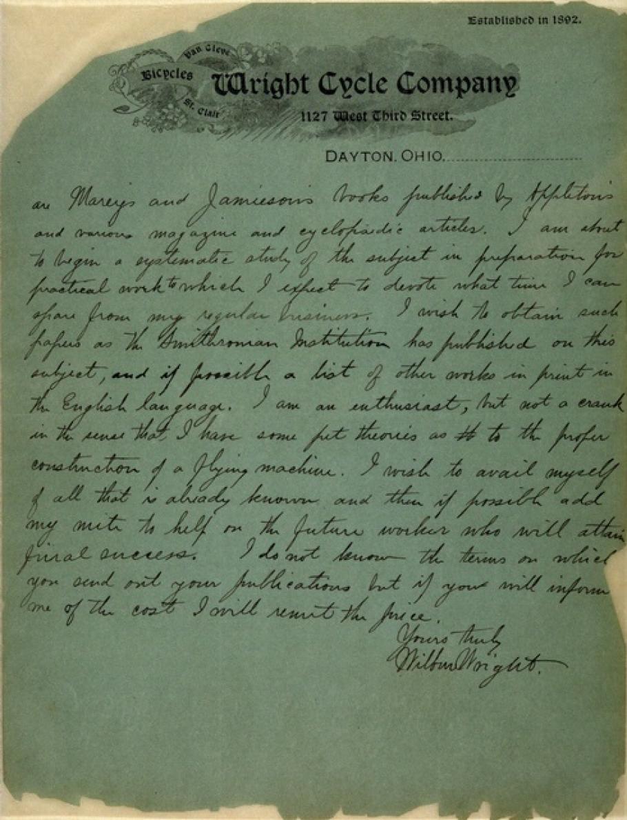 Wright Brothers Letter to Smithsonian (Pg 2 of 2)