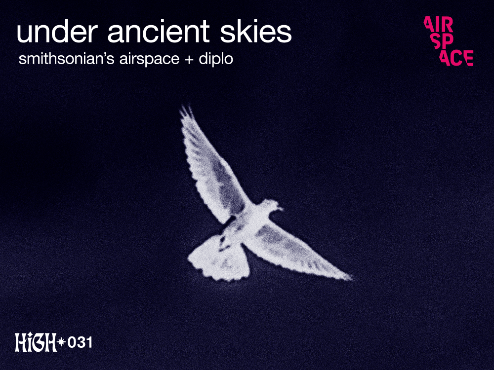 Blue album cover with white bird and text "Under Ancient Skies, Smithsonian's AirSpace + Diplo"