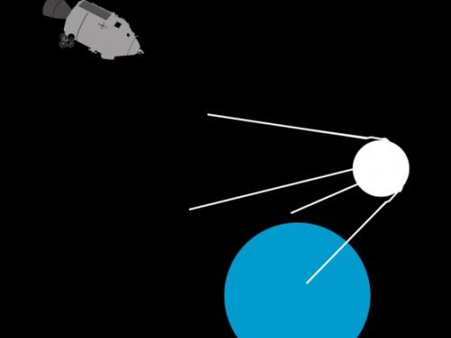 Black book cover with digital drawing of command and service modules and Sputnik with words